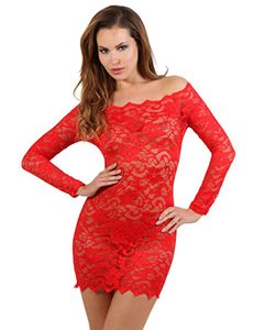 Robe rouge sexy col large dentelle